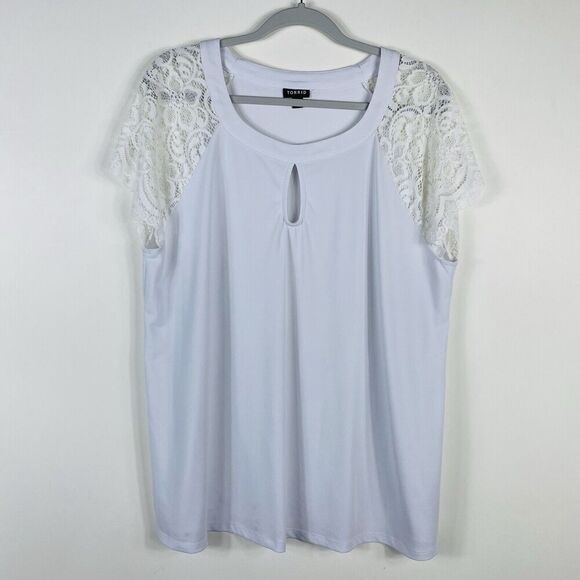 Torrid Plus Size 2X Studio Knit Lace Sleeve Top White - Picture 1 of 5